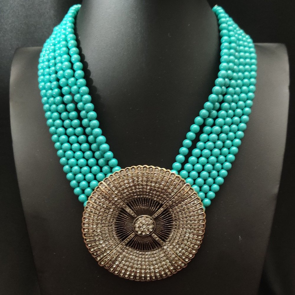 New Heidi Daus 6-strand Turquoise Bead BELGIUM DISC Necklace Art Deco Revival